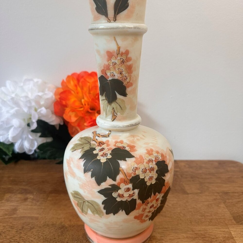 Antique Hand Painted Floral Vase Peach Coral Japanese Style Moriage Gold Detail